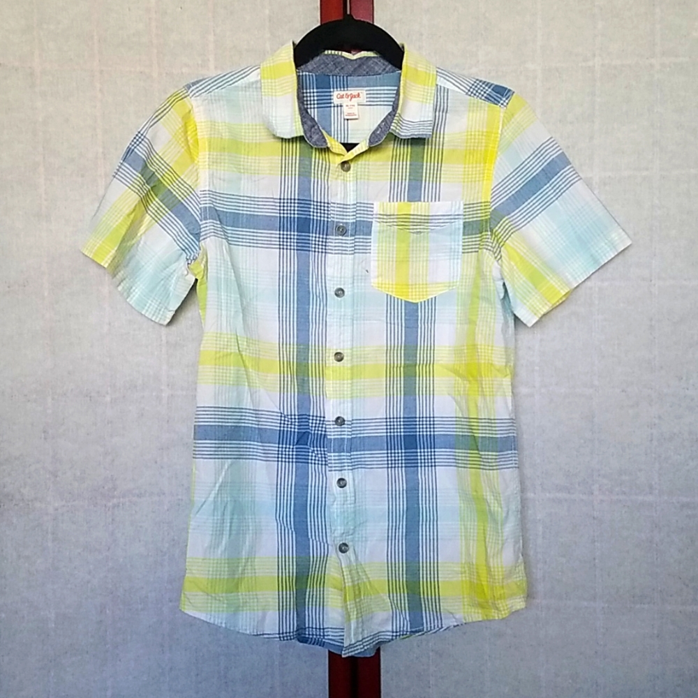 Cat & Jack Blue/neon yellow plaid short-sleeved button down shirt Kid's size XL